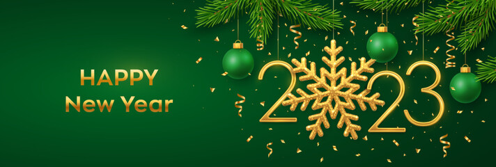 Fototapeta na wymiar Happy New 2023 Year. Hanging Golden metallic numbers 2023 with snowflake, balls, pine branches and confetti on green background. New Year greeting card or banner template. Holiday decoration. Vector.