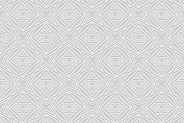 Embossed white background with handmade elements, ethnic cover design. Press paper, boho style. Geometric elegant 3d pattern. Tribal themes of the East, Asia, India, Mexico, Aztecs, Peru.