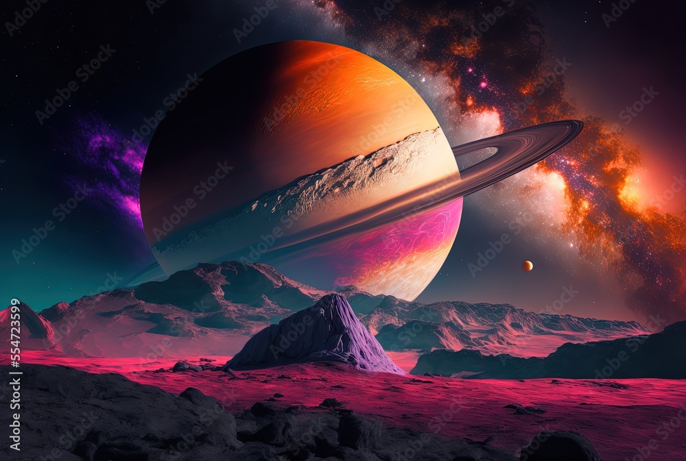 Wall mural illustration of surreal galaxy background with giant saturn with planet rough surface