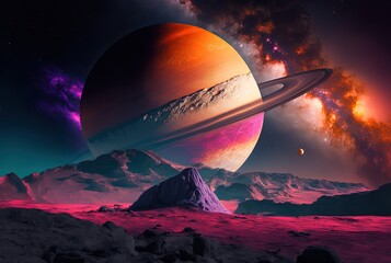 illustration of surreal galaxy background with giant Saturn with planet rough surface  - obrazy, fototapety, plakaty