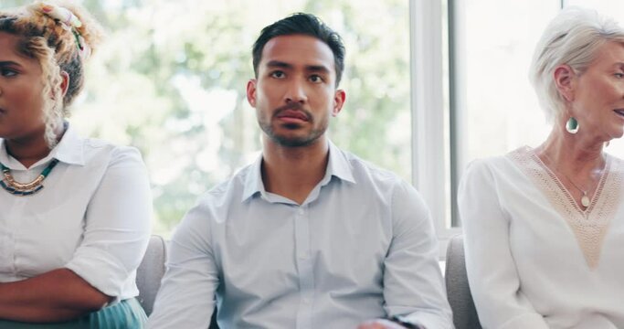 Business people, interview and waiting room for meeting, hiring or recruitment process at the office. Group of employee workers in wait for team discussion, HR or business meeting at the workplace