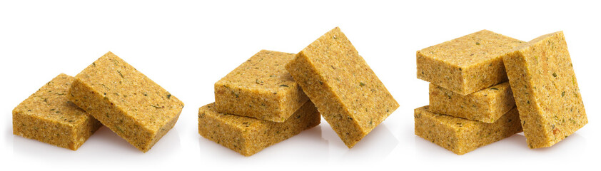 Collection of delicious bouillon cubes, isolated on white background