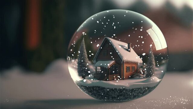 Close-up of snow ball with a house in it and snow
