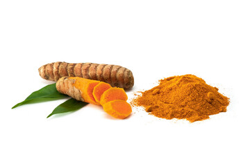 Fresh turmeric roots and turmeric powder with leaves isolated on white background