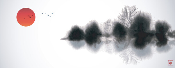 Ink wash painting in minimalist and clean style. Misty island with forest trees and big red sun. Traditional oriental ink painting sumi-e, u-sin, go-hua. Translation of hieroglyph - eternity