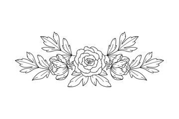 Horizontal floral border arrangement. Line art flowers and leaves. Line art style. Botanical design. Vector illustration