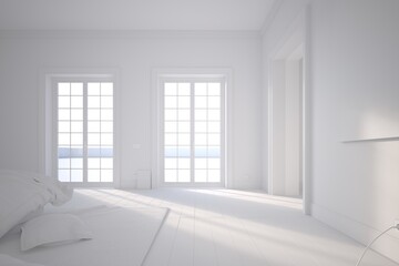 Fototapeta na wymiar Large bedroom plenty of space. Light coming in from two door windows, plank flooring and soft carpet. Interior design, airy and bright space concept. Clay style rendering 