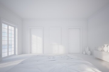 Beautiful bedroom plenty of space and light, with plank flooring, two door windows, a sideaboard and some big vases, viewed from a soft and comfortable bed, Interior design,  bright space concept.