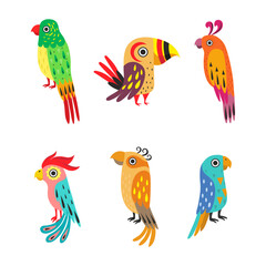 Tropical Colorful Parrot with Bright Feathers and Beak Vector Set