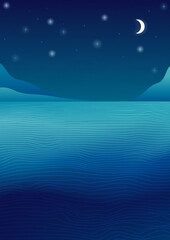 Seascape on a starry night. Vector illustration of a landscape with gradients. Lines, mountains, waves, stars and moon. Graphic print.
