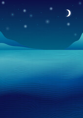Fototapeta premium Seascape on a starry night. Vector illustration of a landscape with gradients. Lines, mountains, waves, stars and moon. Graphic print.