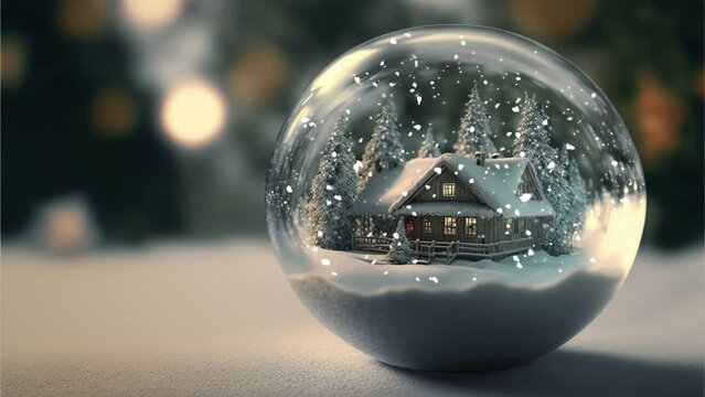 Close-up of snow ball with a house in it and snow
