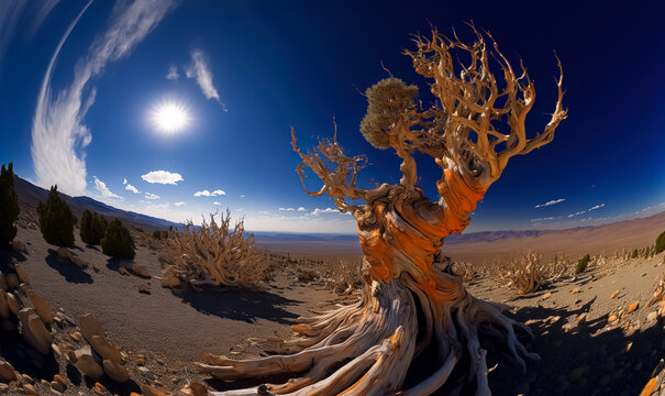 Bristlecone Pine, Pinus longaeva in the White Mountains, California. Ancient Bristlecone Pine Forest is the oldest existing Lifeform on Earth. digital art