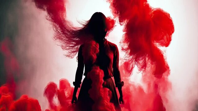 Cinemagraph of shadow of woman covered in red smoke
