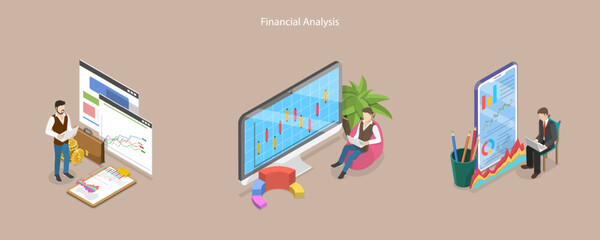 3D Isometric Flat Vector Conceptual Illustration of Financial Analysis, Stock Trading, Planning Investment Strategy