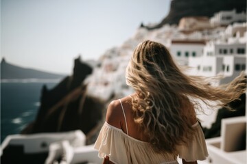 Fototapeta na wymiar Back view of blonde woman in white dress on summer vacation in Greek islands