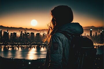 Back view of woman looking at a city during sunset