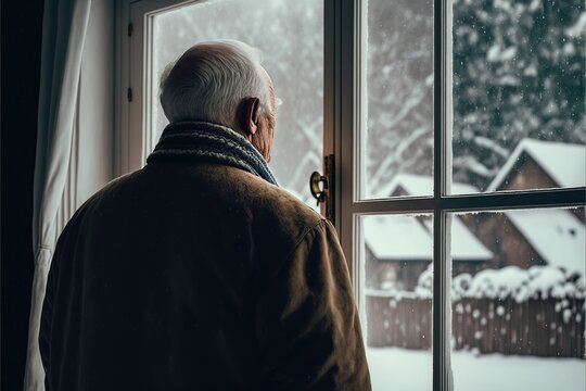 Lonely old man looks out the window at the first winter snow, back view.