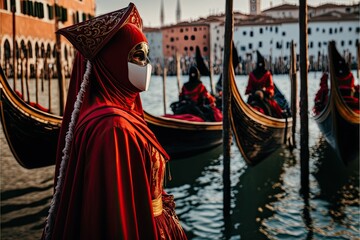 Woman in red dress with mask. Traditional Venice Carnival. Gondolas in the background.