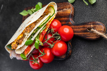 taco snack kebab meat, vegetable, lettuce pork, lamb, turkey meal food on the table copy space food background rustic top view