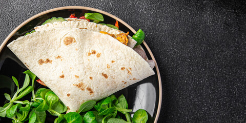taco snack kebab meat, vegetable, lettuce pork, lamb, turkey meal food on the table copy space food background rustic top view