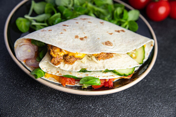 taco snack kebab meat, vegetable, lettuce pork, lamb, turkey meal food on the table copy space food background rustic top view