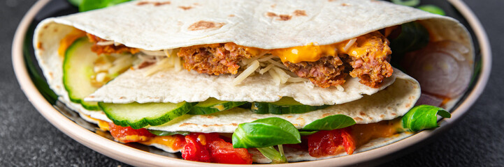 taco snack kebab meat, vegetable, lettuce pork, lamb, turkey meal food on the table copy space food background rustic top view