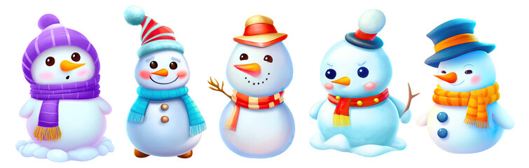 Cute snowmen with different emotions, wearing hats and scarves, collection of isolated illustrations on white background