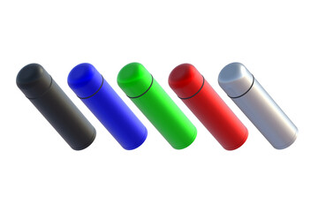 Set of multicolor thermoses isolated on white background. 3d rendering