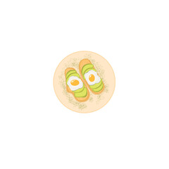 a cute illustration of two toast with avocado and fried egg on a plate, healthy breakfast, healthy food concept, diet, lose weight. isolated element, top view.