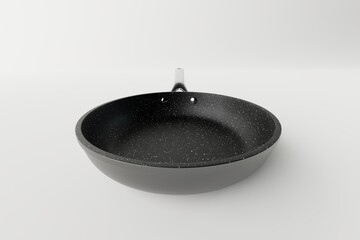 Black frying pan on a white background. The concept of frying, cooking. Buying equipment for the kitchen, dishes. 3d render.