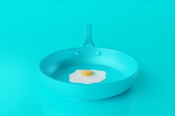 Blue frying pan with a fried egg on a blue background. The concept of preparing a dish with egg, frying an egg in a pan. 3d render, 3d