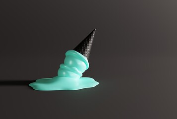 Fototapeta premium Melted ice cream in a black waffle on the ground and dark background. The concept of eating ice cream, cooling down. Modern ice cream with a black waffle. 3D render; 3D illustration.