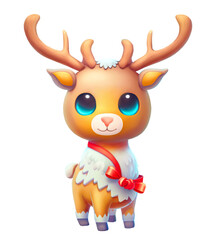 Fototapeta premium Cute cartoon reindeer with blue eyes wearing red ribbon, digital illustration cut out