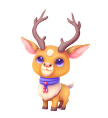 Fototapeta premium Cute cartoon reindeer with violet eyes and scarf, digital illustration cutout