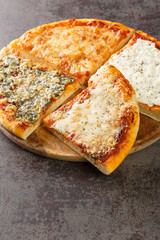 Quattro formaggi is a variety of Italian pizza topped with a combination of four kinds of cheese such as mozzarella, Gorgonzola, ricotta, and Parmesan closeup Vertical