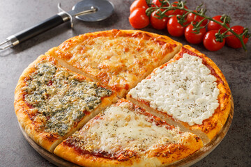 Quattro Formaggio Four Cheese Pizza closeup on the wooden board on the table. Horizontal