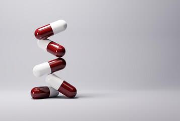 Tablets, red capsules on a blue background. Treatment, medical and pharmaceutical concept. Treating sick people, taking care of patients. 3D render, 3D illustration. - obrazy, fototapety, plakaty