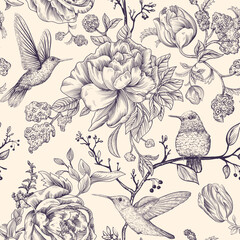 Sketch pattern with birds and flowers. Monochrome flower design for web, wrapping paper, phone cover, textile, fabric, postcard - 554728357