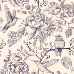 Gordijnen Sketch pattern with birds and flowers. Monochrome flower design for web, wrapping paper, phone cover, textile, fabric, postcard © sunny_lion