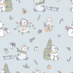 Seamless pattern with cute snowmen, spruces, gifts, sleds.

For Christmas, New Year, seasonal, winter design.
