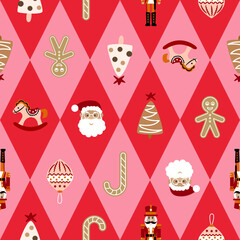 Festive Christmas seamless pattern. Red and pink harlequin background with Santa, nutcracker and ginger toys. - 554728591