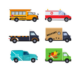 Emergency Car, Tow Truck, Delivery Van, Post and Grocery Lorry as City Traffic Side View Vector Set