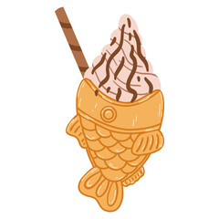 Taiyaki fish-shaped ice cream cone in cartoon flat style. Hand drawn vector illustration of traditional Japanese food, sweet, dessert