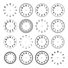 Mechanical clock faces with arabic numerals, bezel. Watch dial with minute, hour marks and numbers. Timer or stopwatch element. Blank measuring circle scale with divisions. Vector illustration