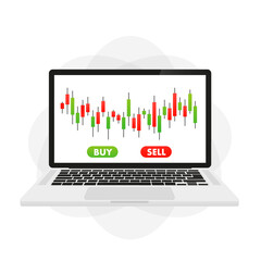 Stock market candlestick chart on laptop. Green and red Japanese candlesticks of the investment trading market. Trend chart. Trading stock coins shares buy and sell button. Vector illustration