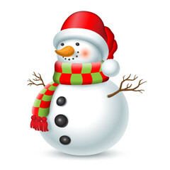 Christmas snowman in the red hat and plaid scarf. Vector illustration on white background