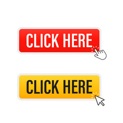 Click the button here with the arrow pointer and hand. Vector illustration