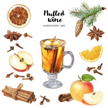 Watercolor illustration of Christmas mulled white wine, recipe set isolated on white background. Glass of mulled red wine, fruits and spices. Christmas composition set.