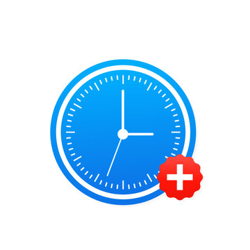 Additional hours icon. Added time. Time icon with plus sign. Clock icon and new plus positive symbol. Vector illustration